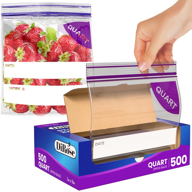DiRose Quart Bags Pack of 500 â€“ 1 Quart Reclosable Food Storage Bags â€“ Practical and Durable Design â€“ Food Safe Non-BPA Material â€“ Easy Double Zip Closure â€“ Ideal for Food, Snacks, Organizing - Image 1